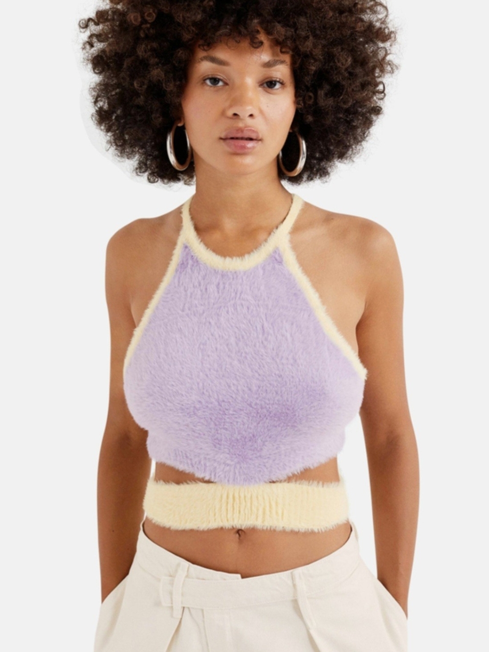 NWT For Love & Lemons Maureen Fuzzy Cut Out Knit Halter Crop Top"